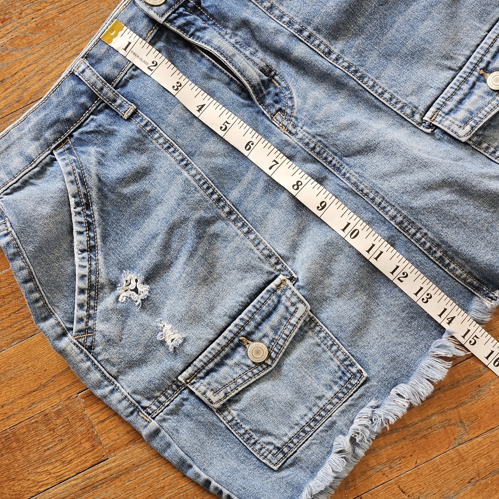 Denim Cargo Mini Skirt with Frayed Hem - Blue